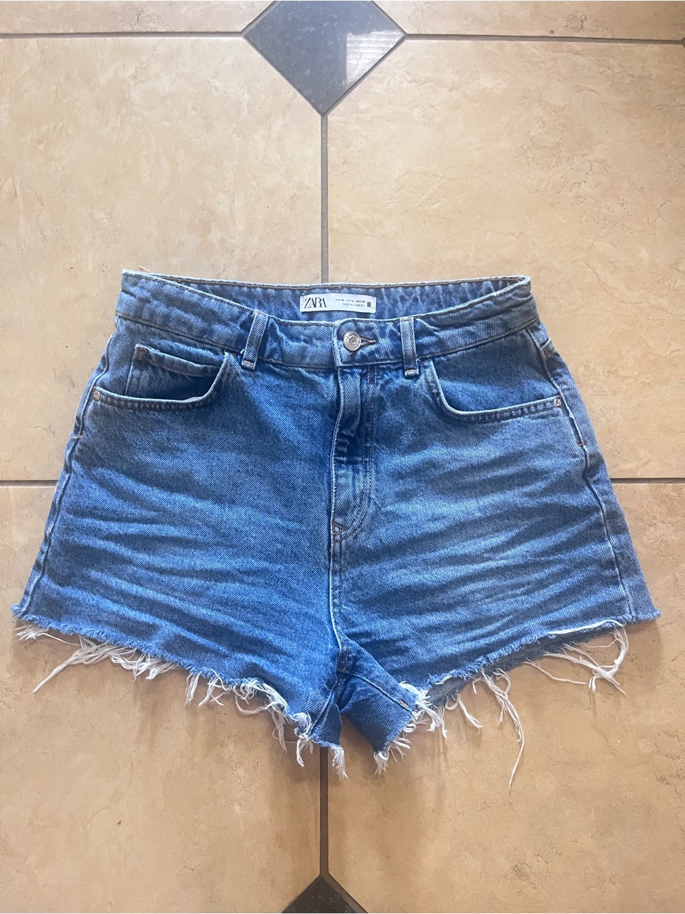 Zara Medium Blue High-Rise Frayed Hem Denim Shorts